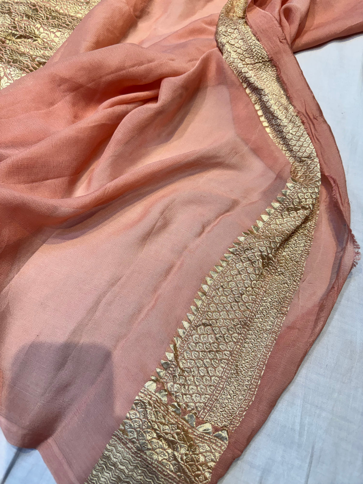 Dusty Rose Handbrush Meena Banarasi Pure Khaddi Georgette Silk Saree