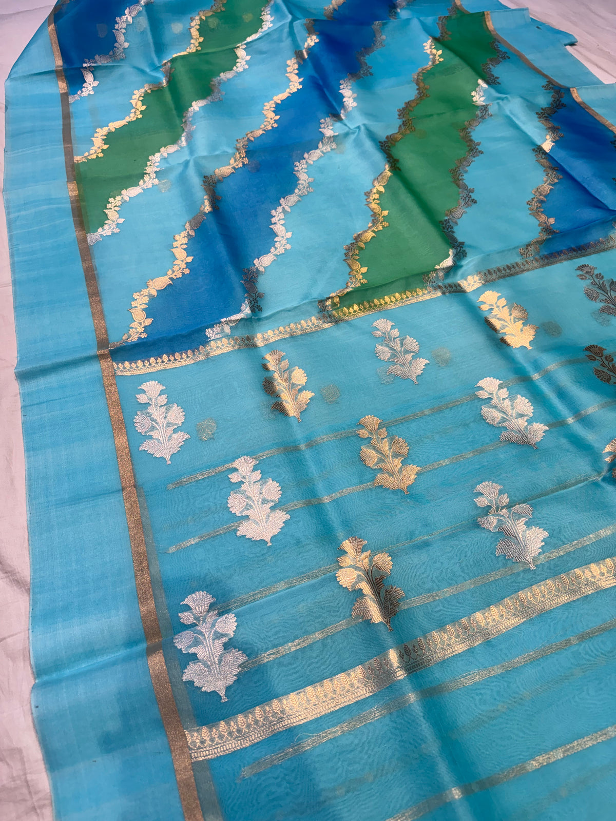 Turquoise Blue Rangkat Banarasi Kora Silk Saree