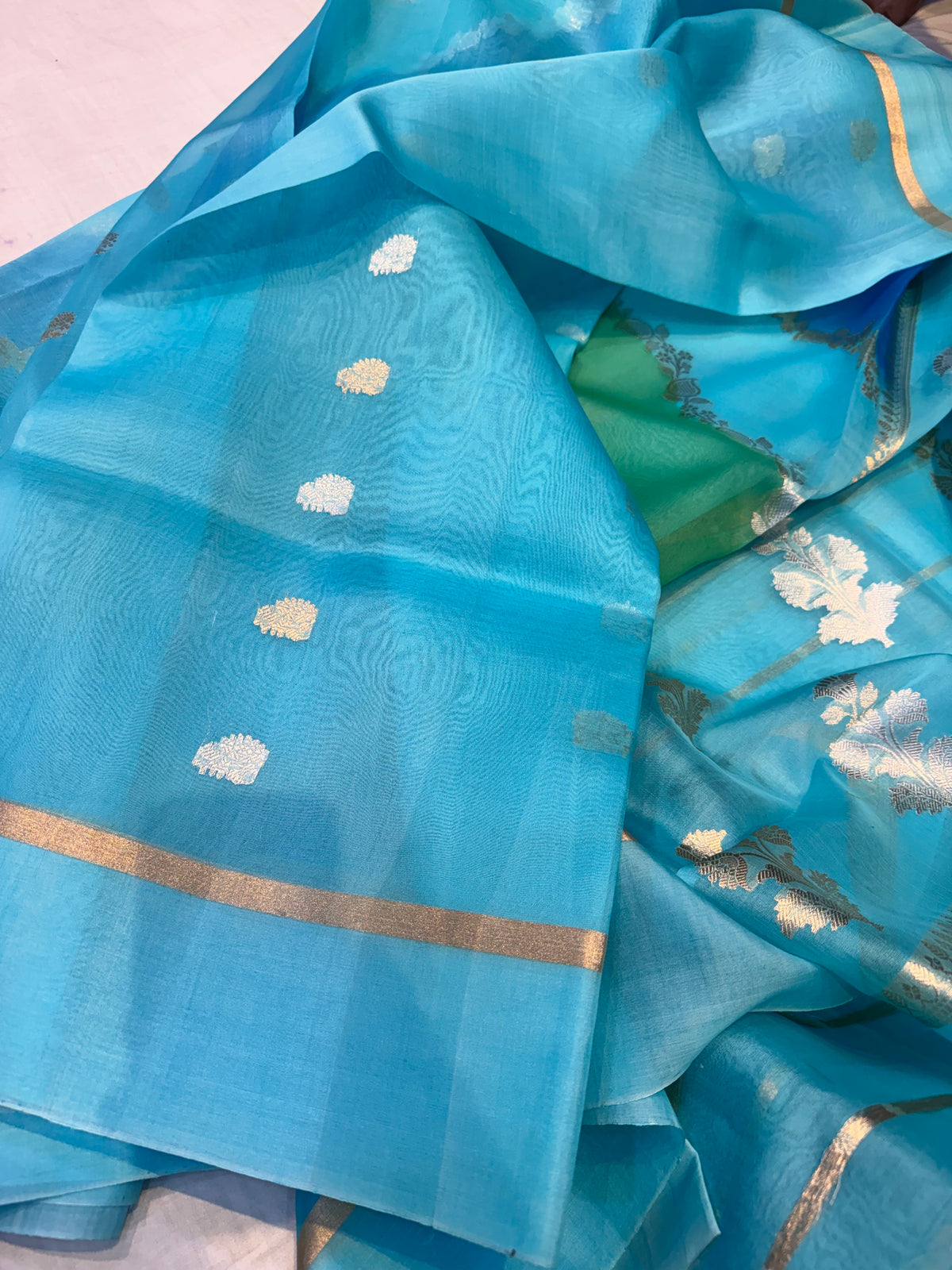 Turquoise Blue Rangkat Banarasi Kora Silk Saree