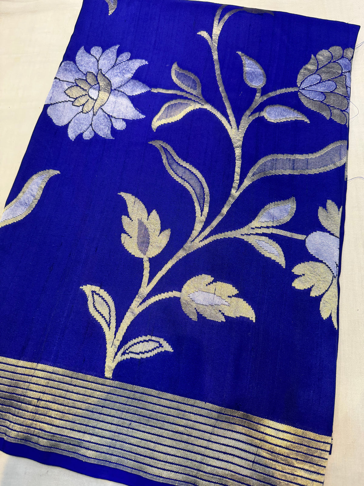 Royal Blue Sona Rupa Floral Jaal Handloom Banarasi Pure Tusser Georgette Silk Saree