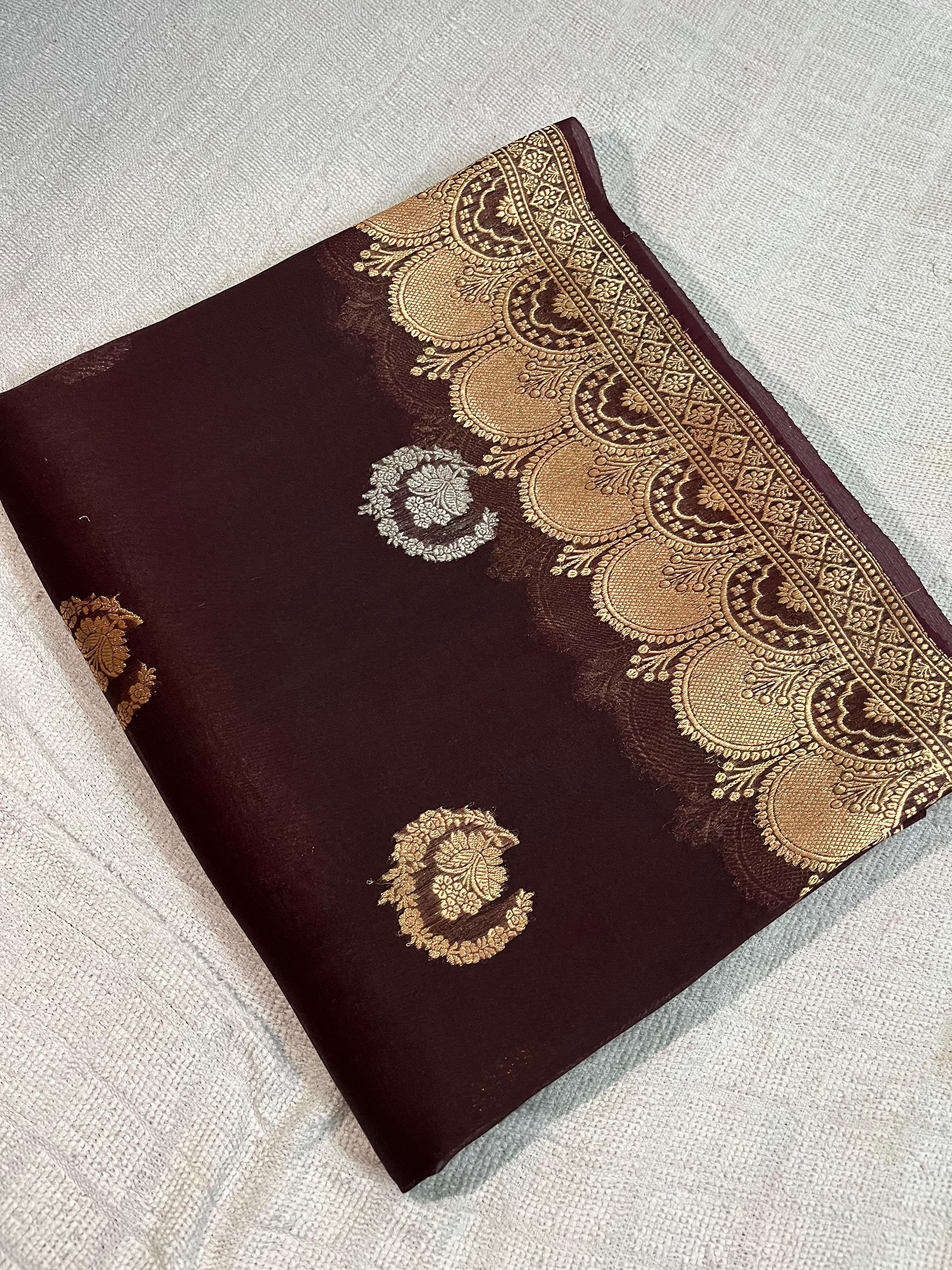 Handwoven Wine Banarasi Organza Saree