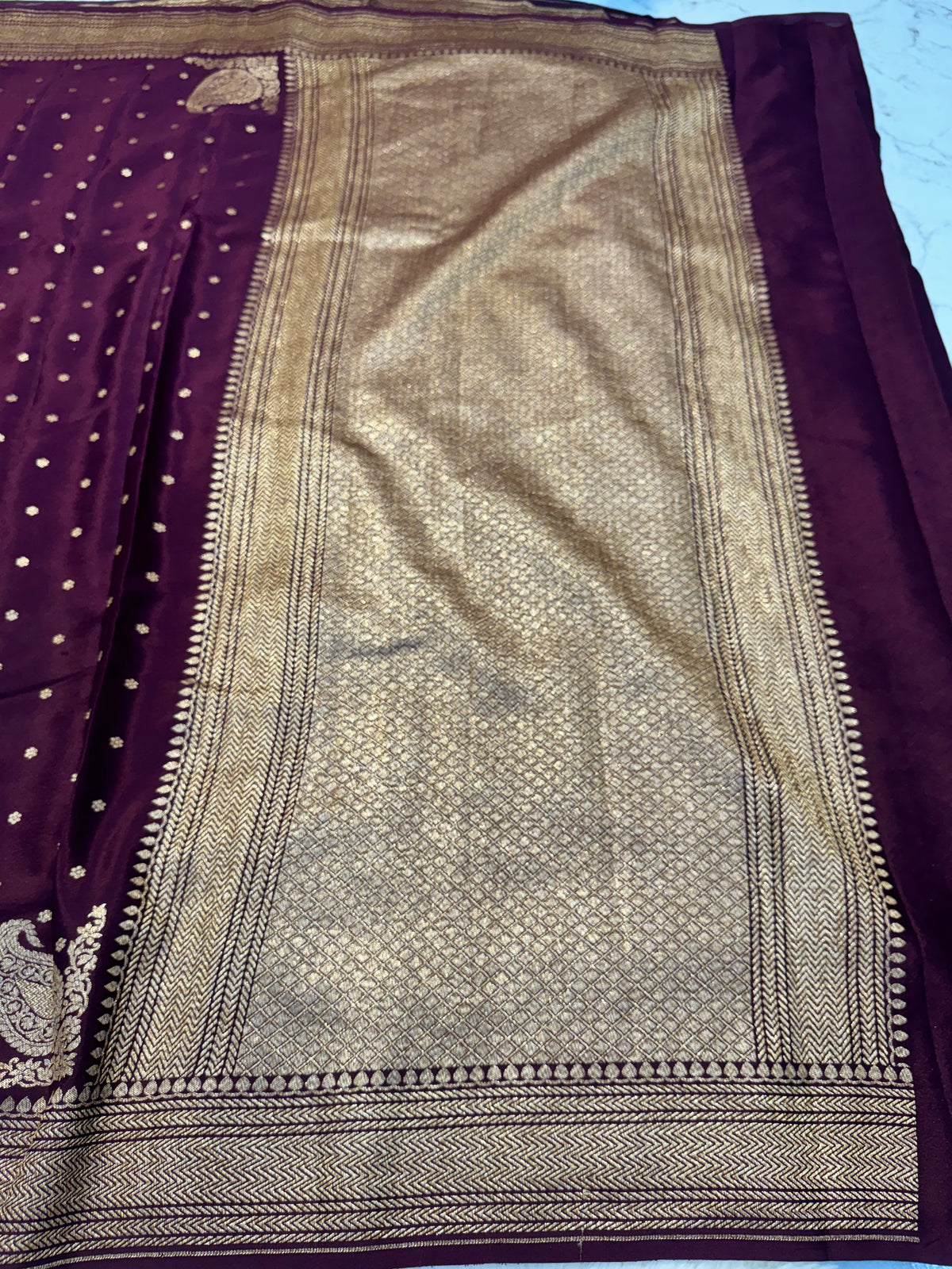 Maroon Booti Handloom Banarasi Pure Khaddi Crape Silk Saree