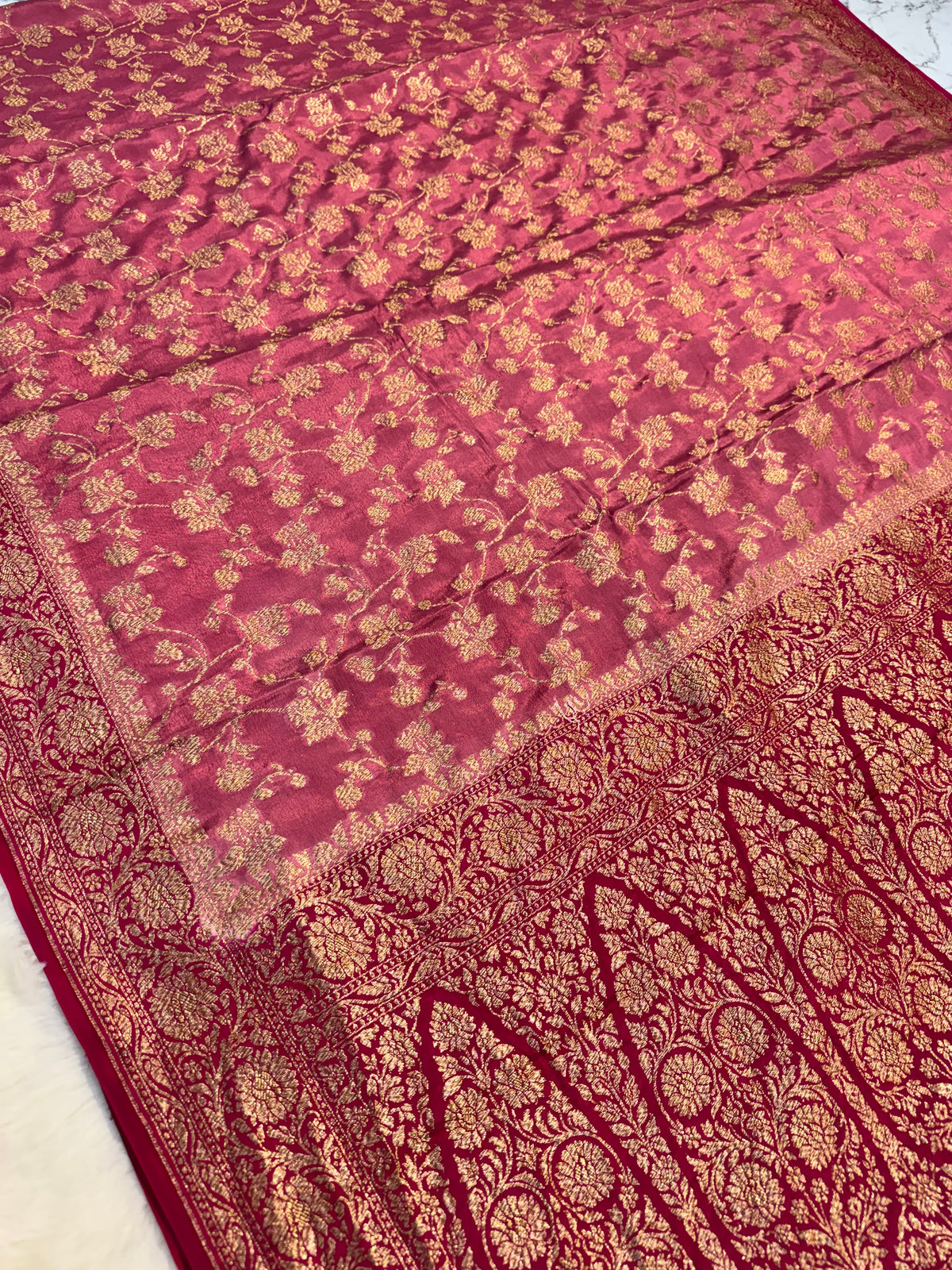 Rose Pink Allover Jaal Banarasi Pure Khaddi Crape Silk Saree