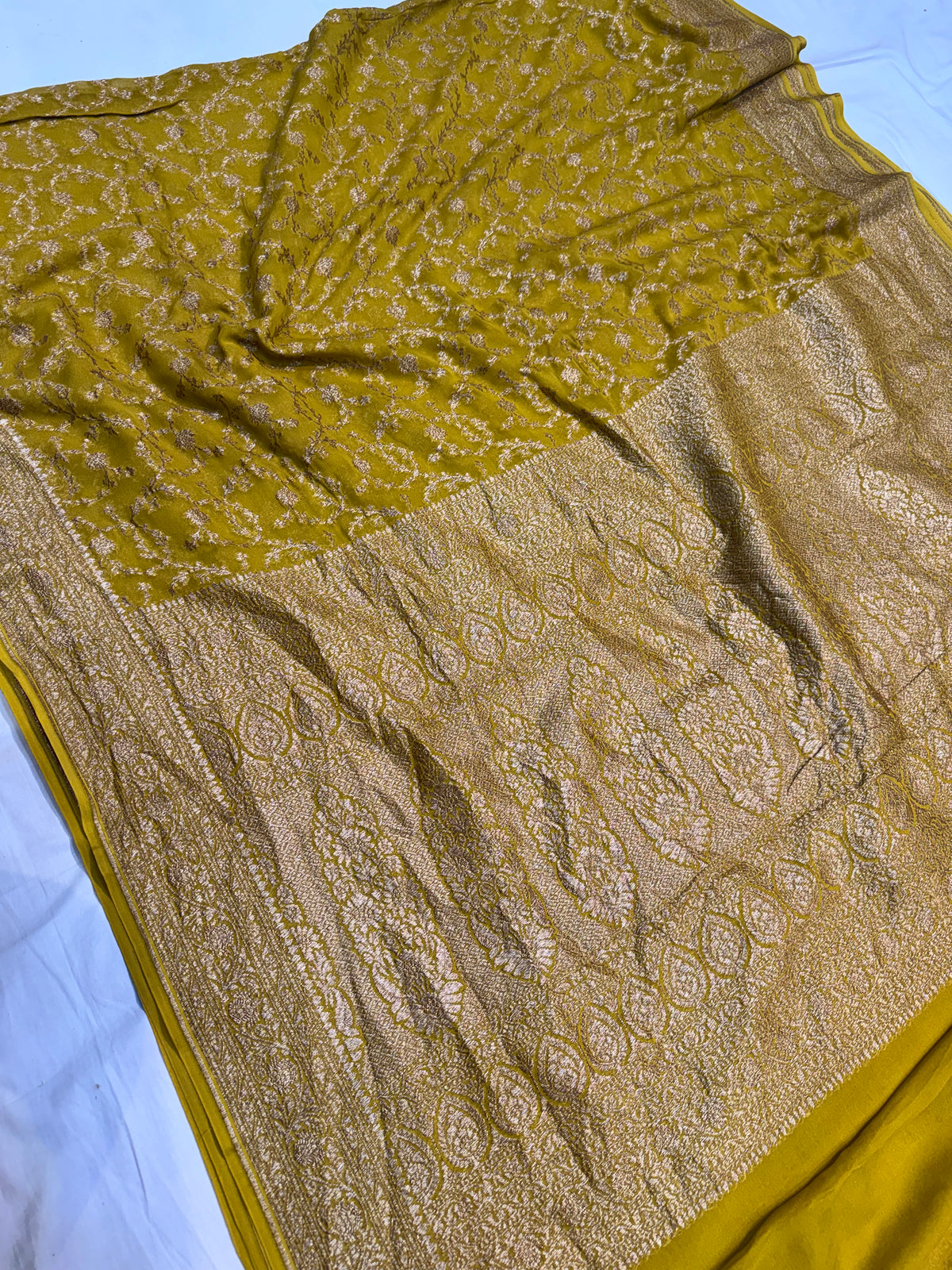 Yellow Allover Jaal Handloom Banarasi Pure Khaddi Georgette Silk Saree