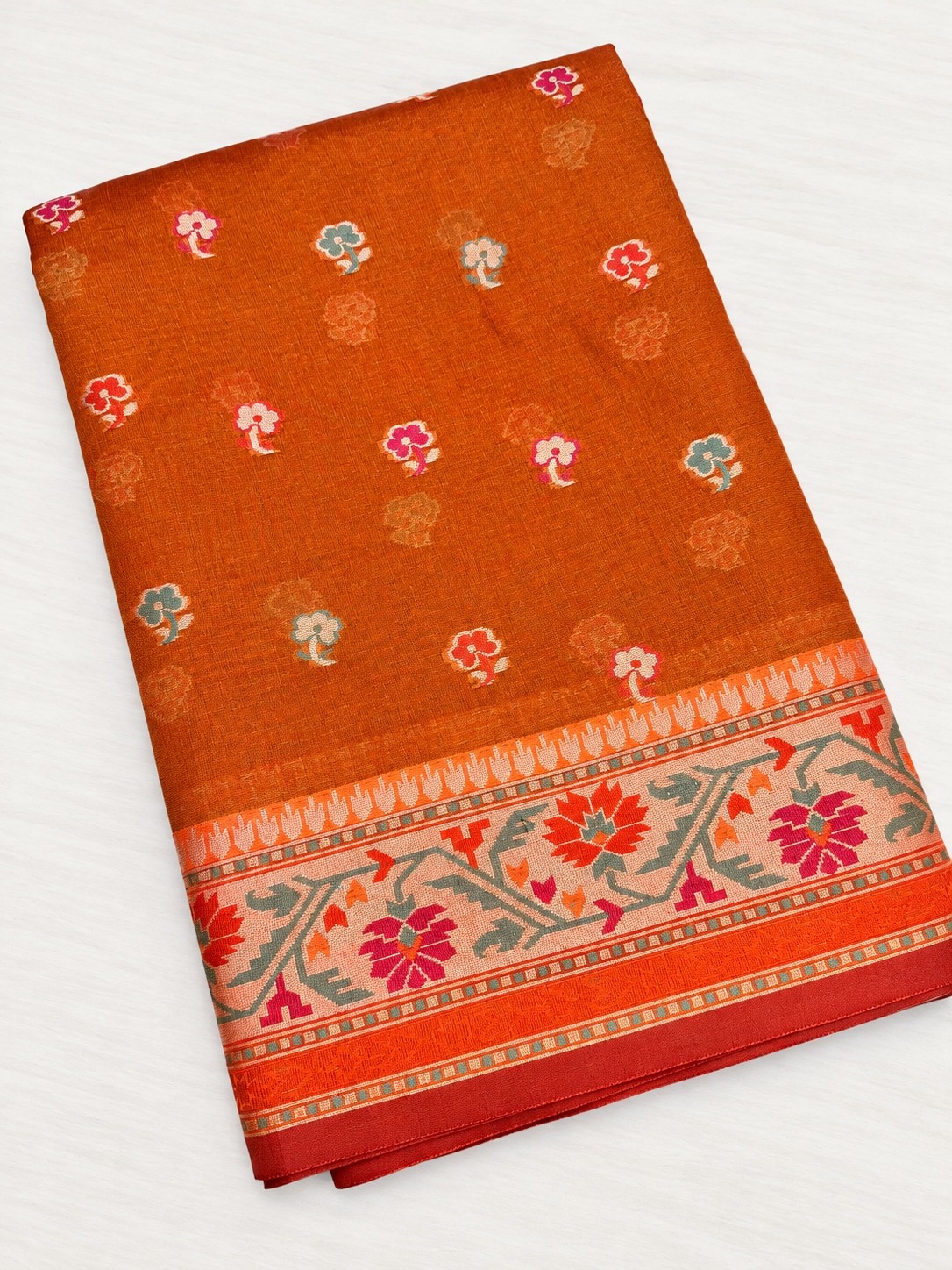Rust Orange Buti Meena Soft Banarasi Cotton Silk Saree