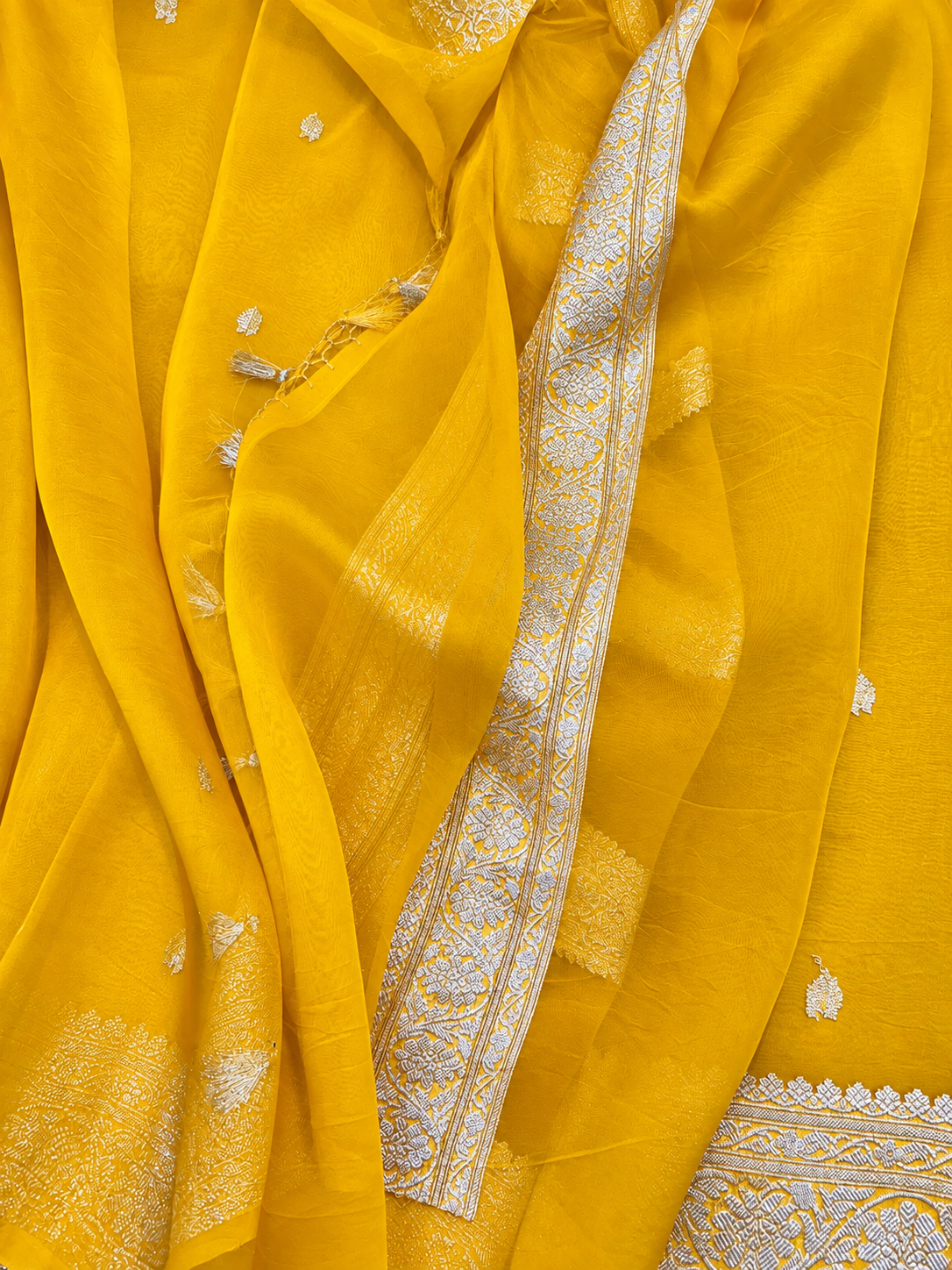 Yellow Silver Zari Handloom Banarasi Kora Silk Saree