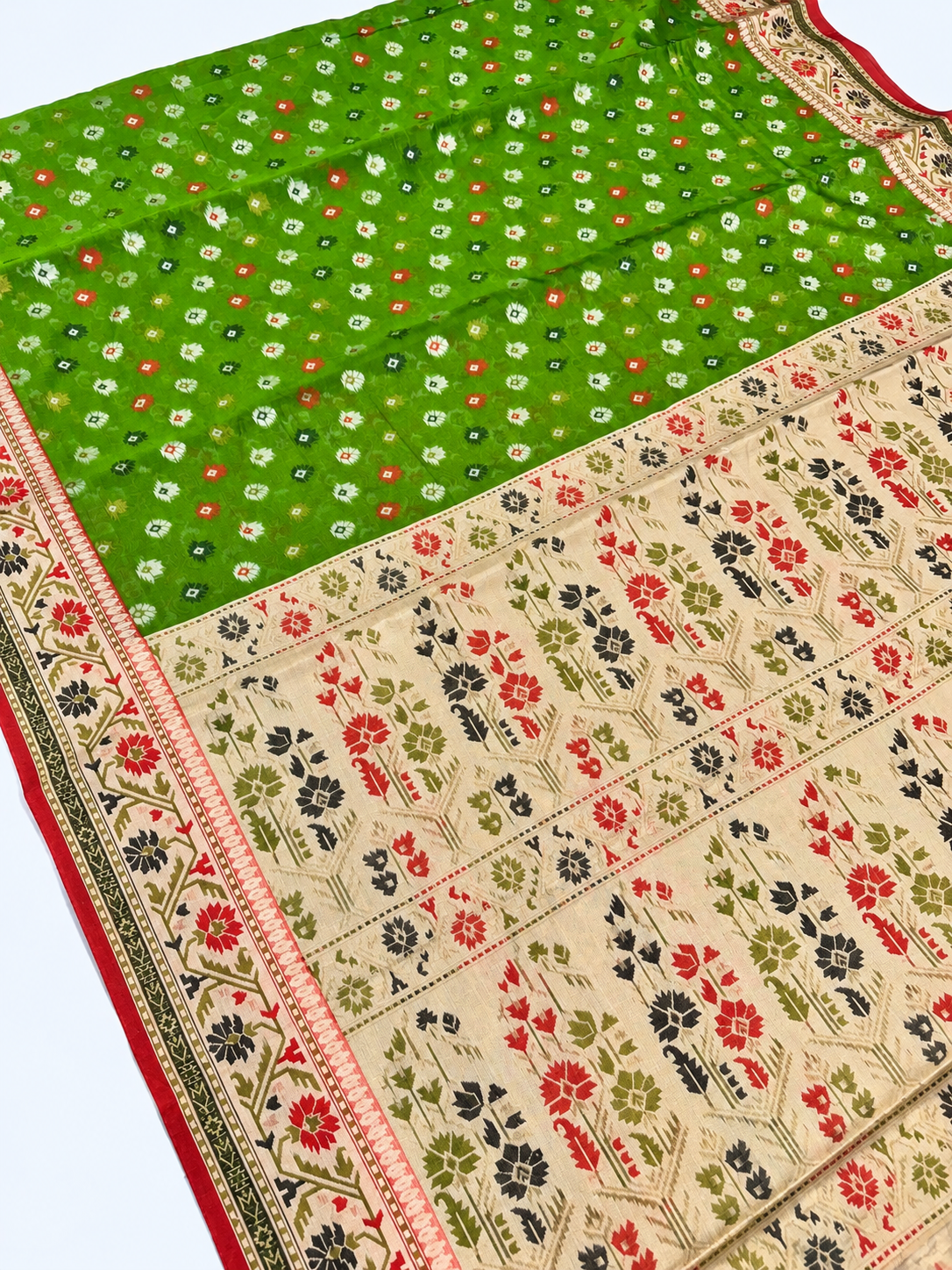 Green Meena Jamdani Soft Banarasi  Cotton Silk Saree