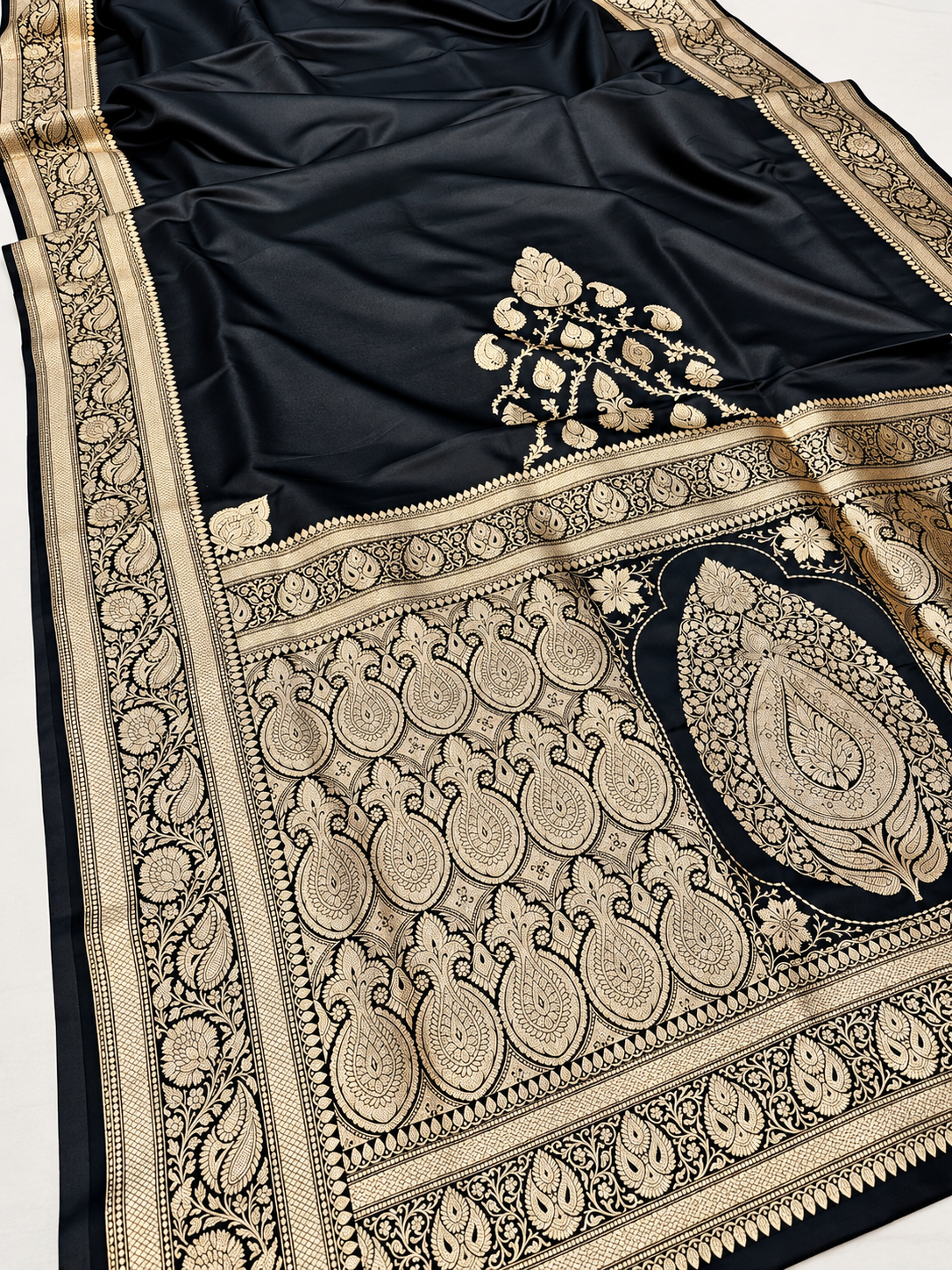 Jet Black Handloom Banarasi Mashru Silk Saree