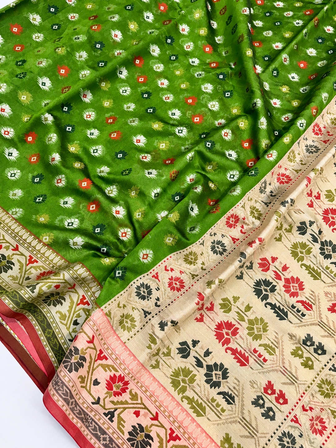 Green Meena Jamdani Soft Banarasi  Cotton Silk Saree