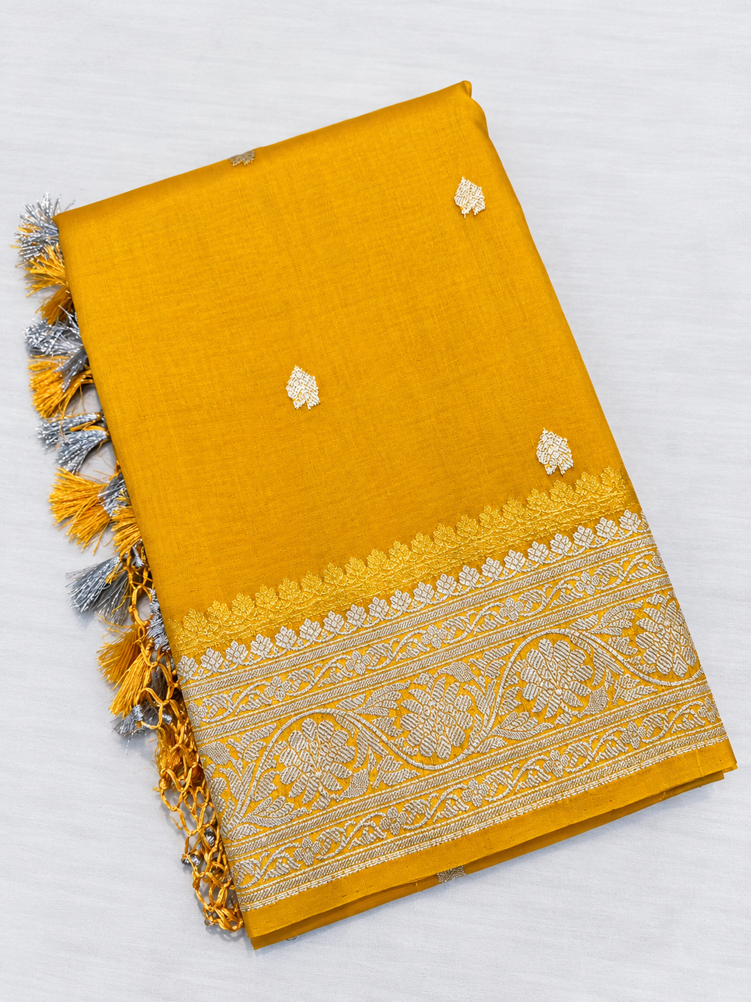 Yellow Silver Zari Handloom Banarasi Kora Silk Saree
