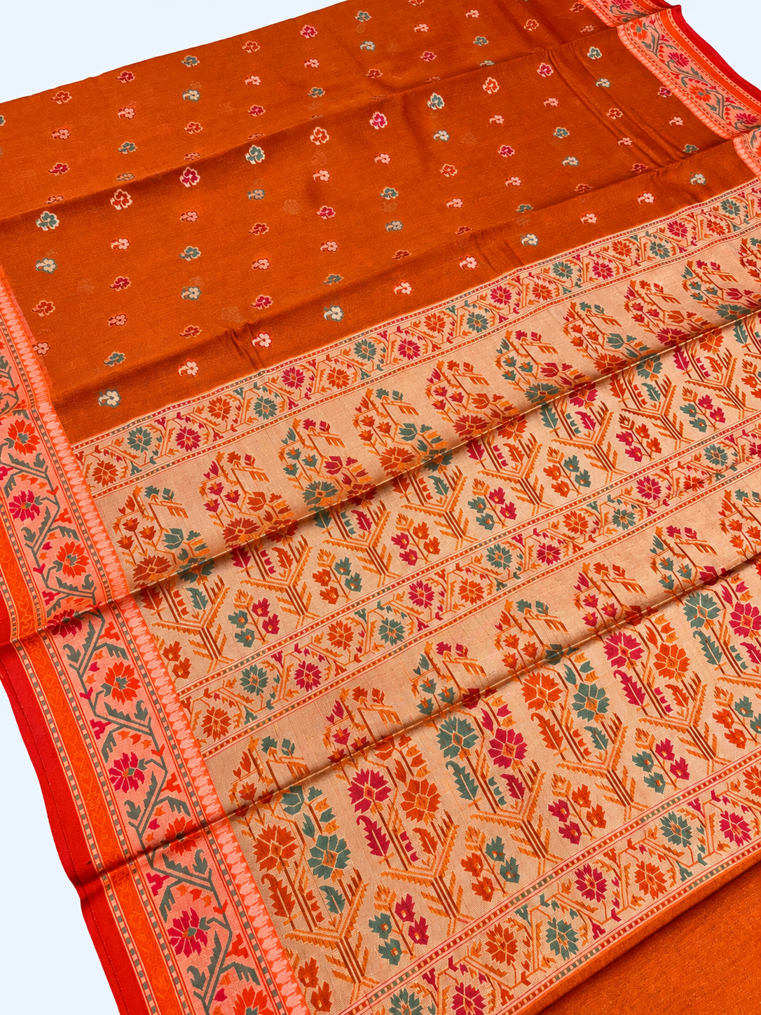 Rust Orange Buti Meena Soft Banarasi Cotton Silk Saree
