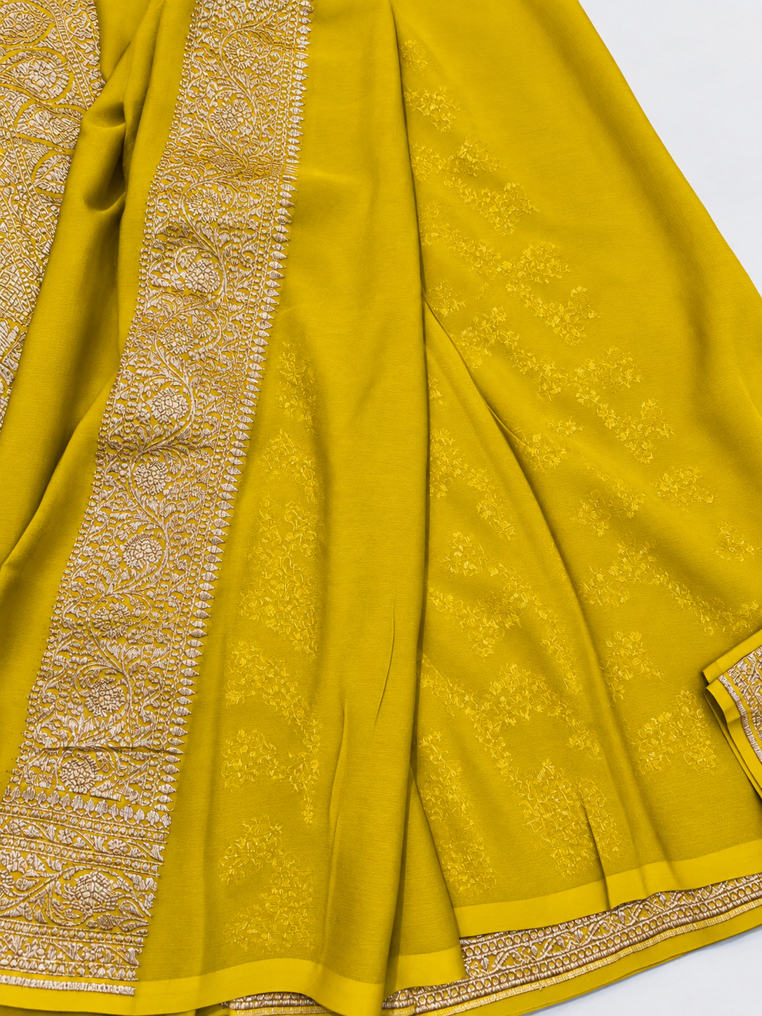 Yellow Allover Jaal Handloom Banarasi Pure Khaddi Georgette Silk Saree