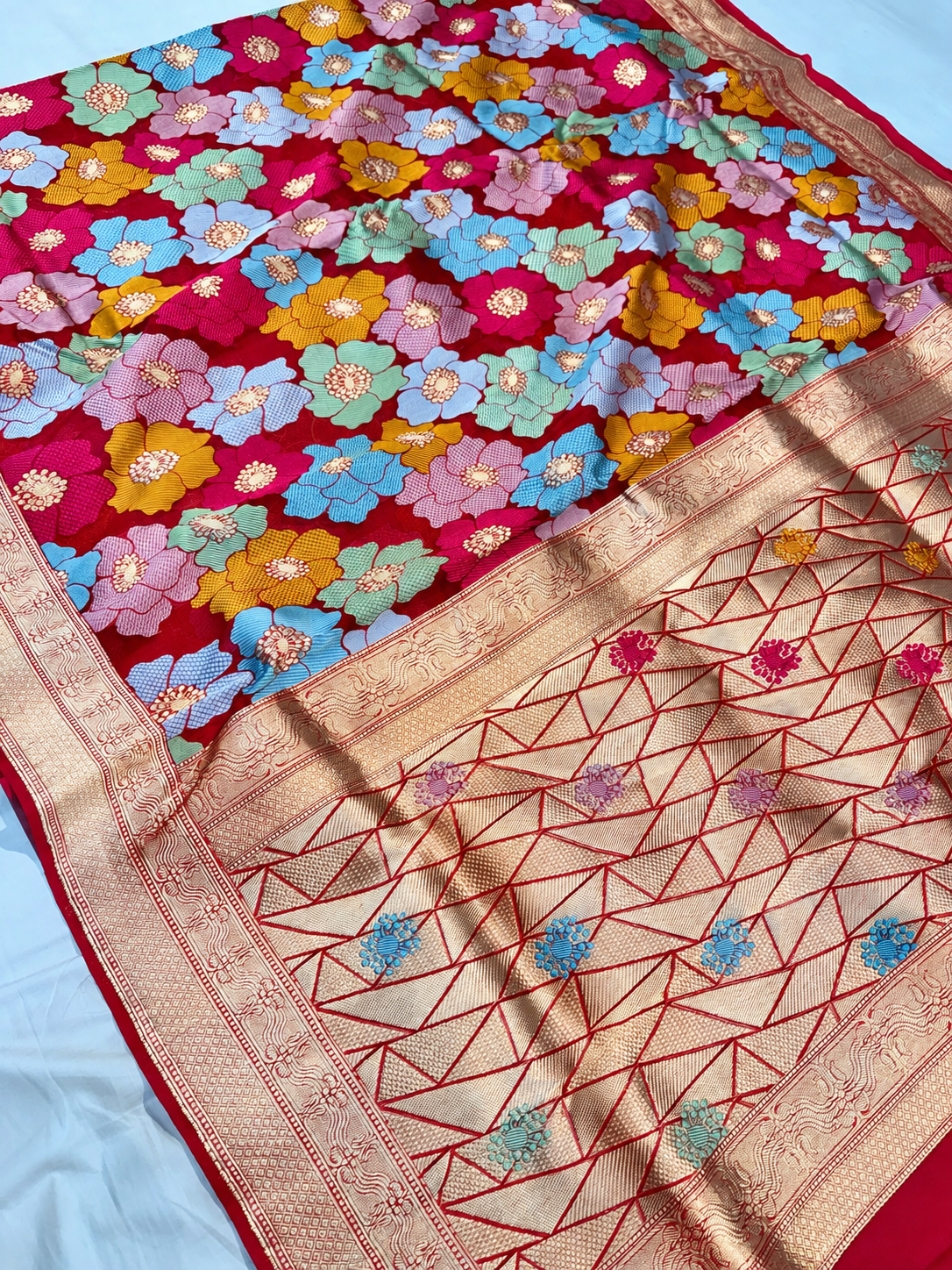 Red Tilfi Meenakari Handloom Banarasi Pure Kora Silk Saree