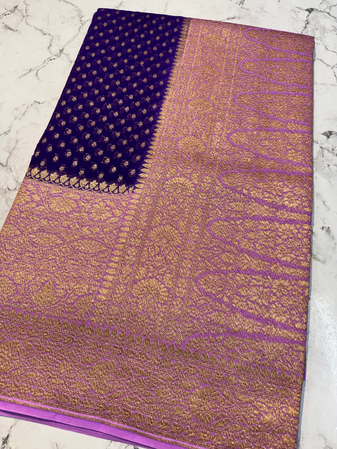 Deep Purple Banarasi Pure Khaddi Crepe Silk Saree with Contrast Pallu