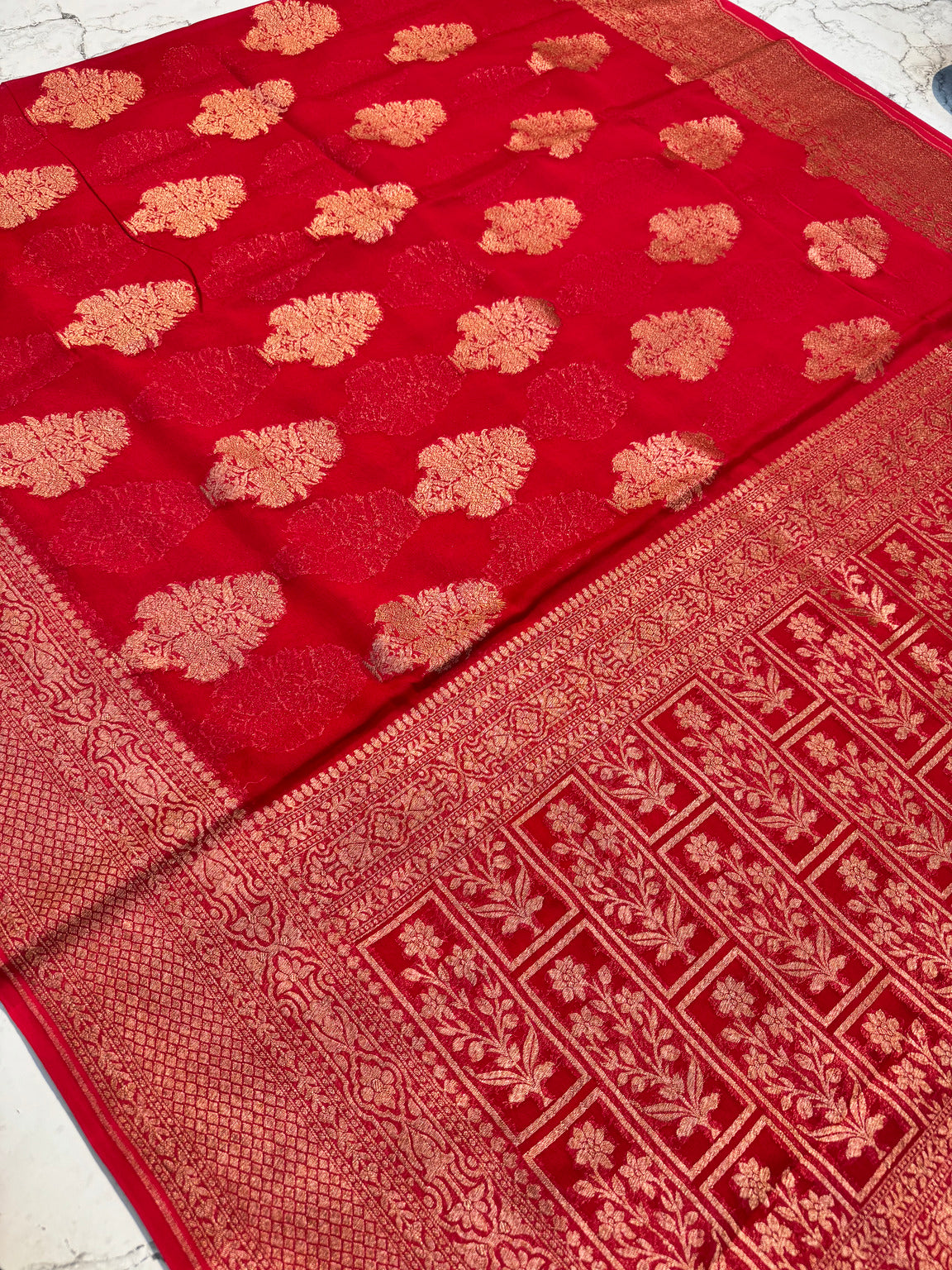 Red Allover Buta Banarasi Pure Khaddi Crepe Silk Saree
