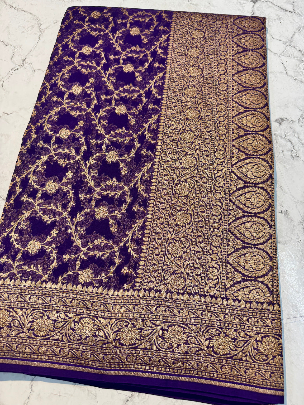Deep Purple Allover Jaal Banarasi Pure Khaddi Crepe Silk Saree