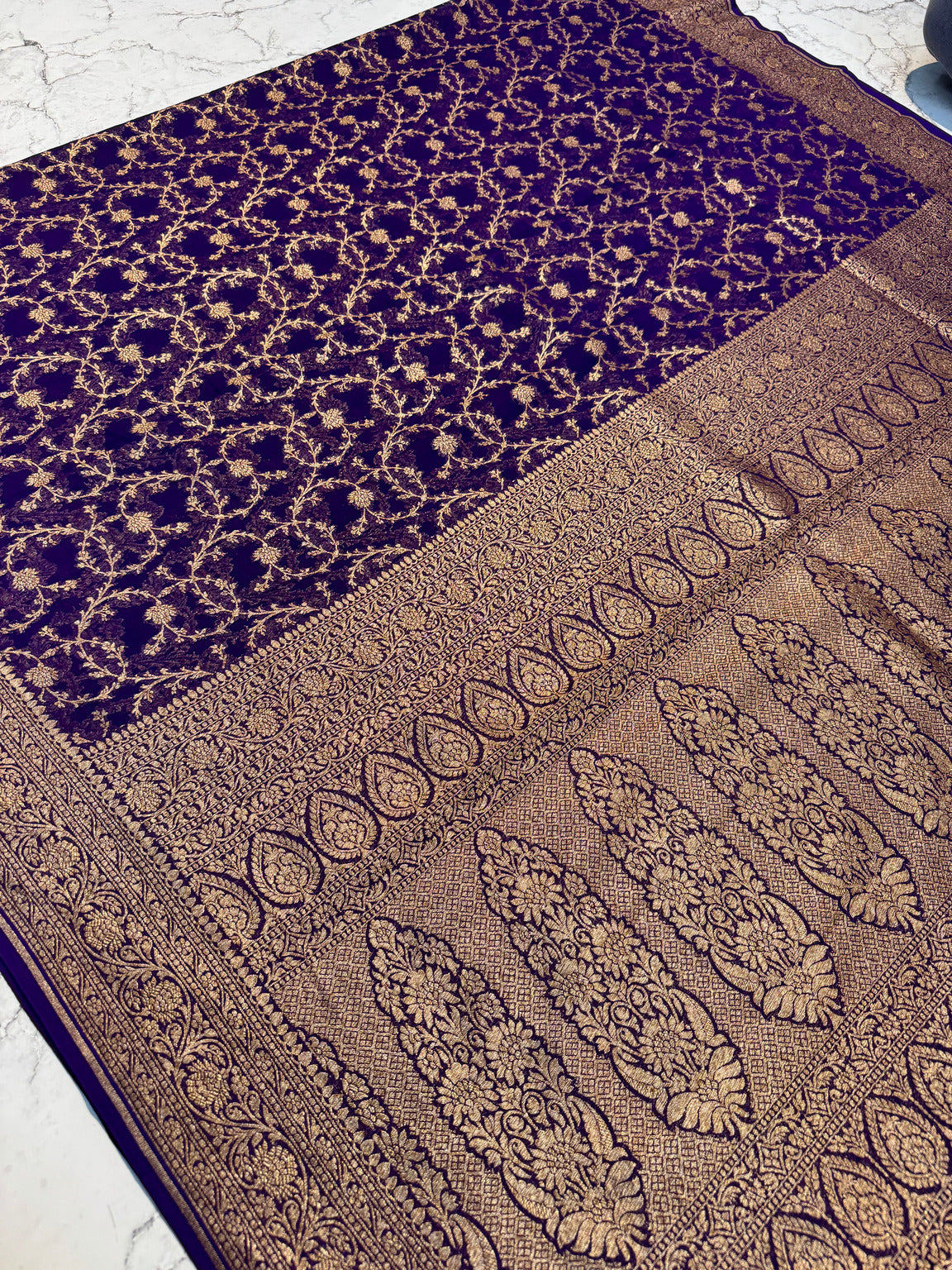 Deep Purple Allover Jaal Banarasi Pure Khaddi Crepe Silk Saree