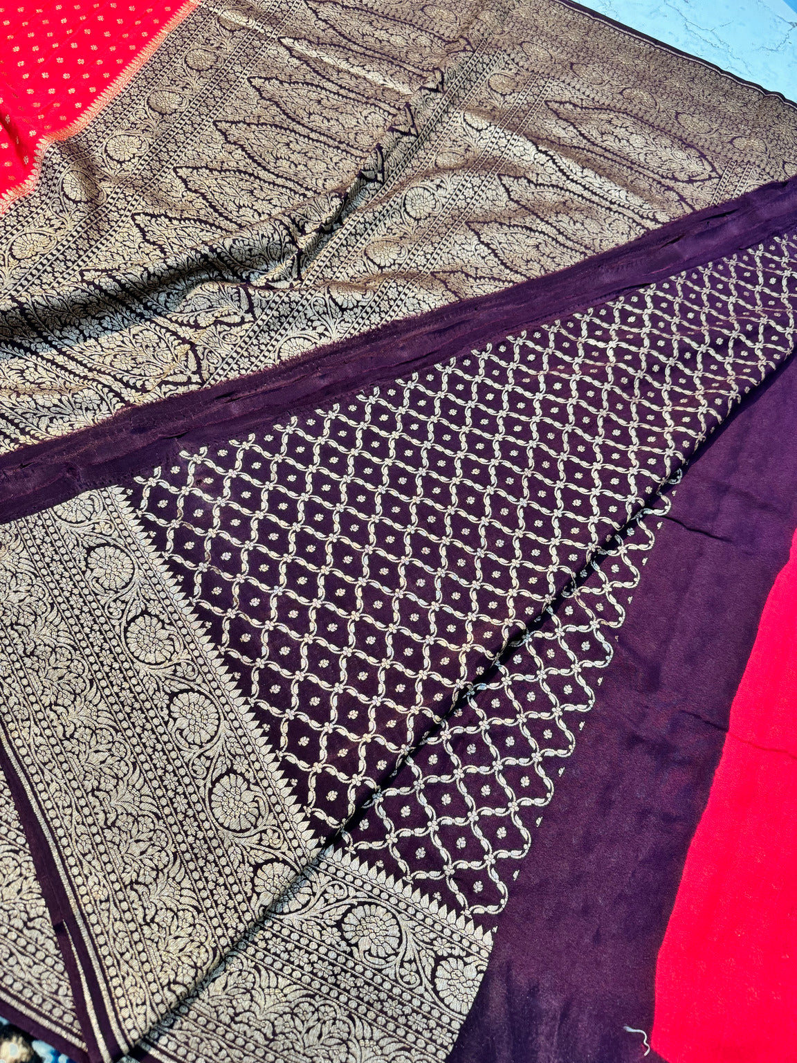 Red Banarasi Pure Khaddi Crepe Silk Saree with Contrast Pallu